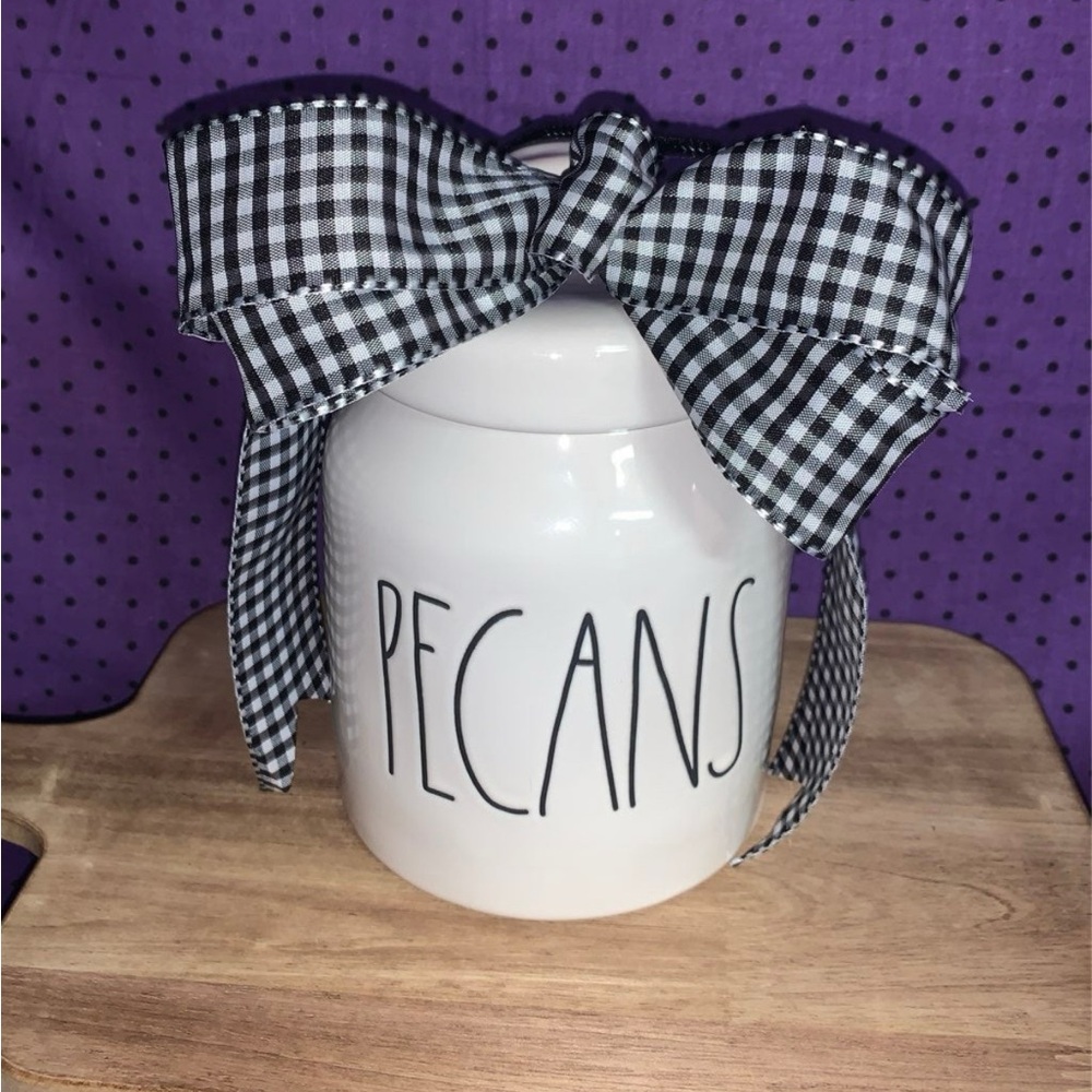 Rae Dunn White 'Pecans' Jar with Black and White Gingham Bow